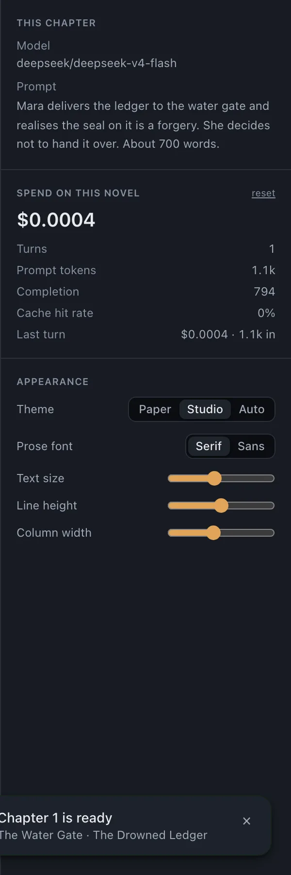 The context panel showing a retrieval trace, the model used, the prompt that produced the chapter, and a running spend breakdown.
