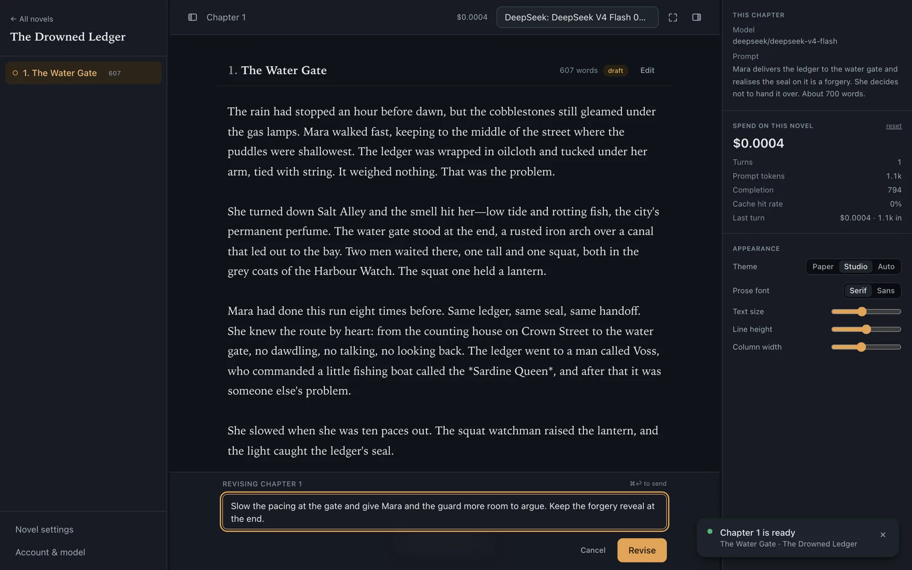 The revise box open beneath a finished draft chapter.