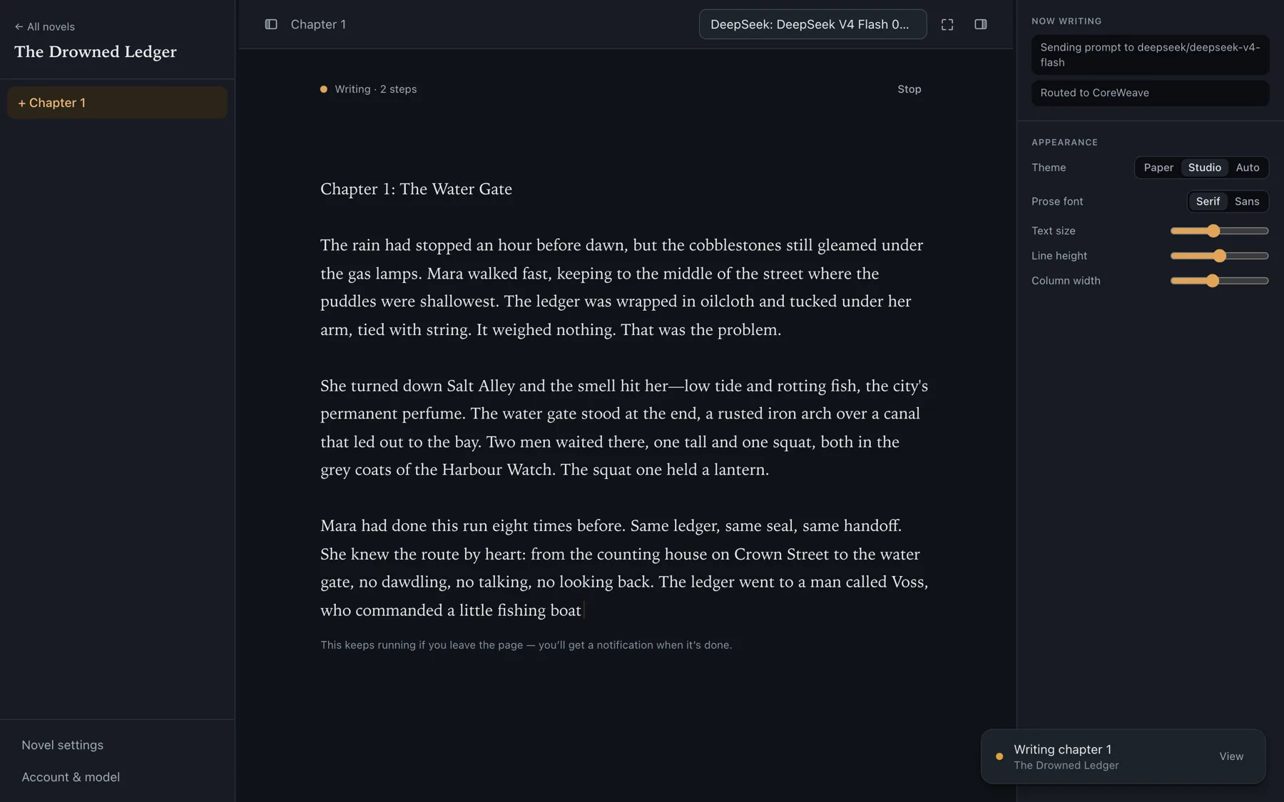 A chapter streaming into the writer, with a live activity trace in the side panel.
