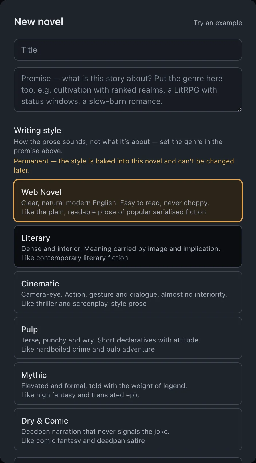 The style picker showing the six writing styles with descriptions.