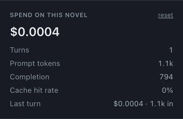 The spend panel showing total cost, tokens and cache hit rate.