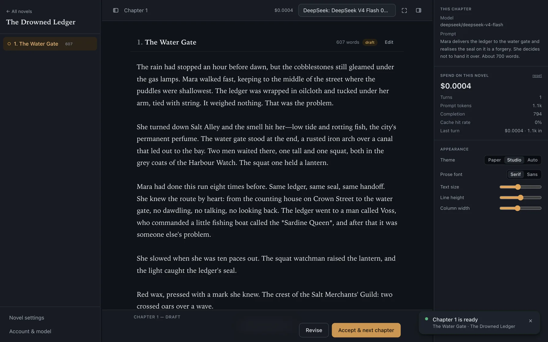 The webnovellm writer: chapter list on the left, the chapter being written in the centre, and a context panel on the right showing the model, prompt and running cost.
